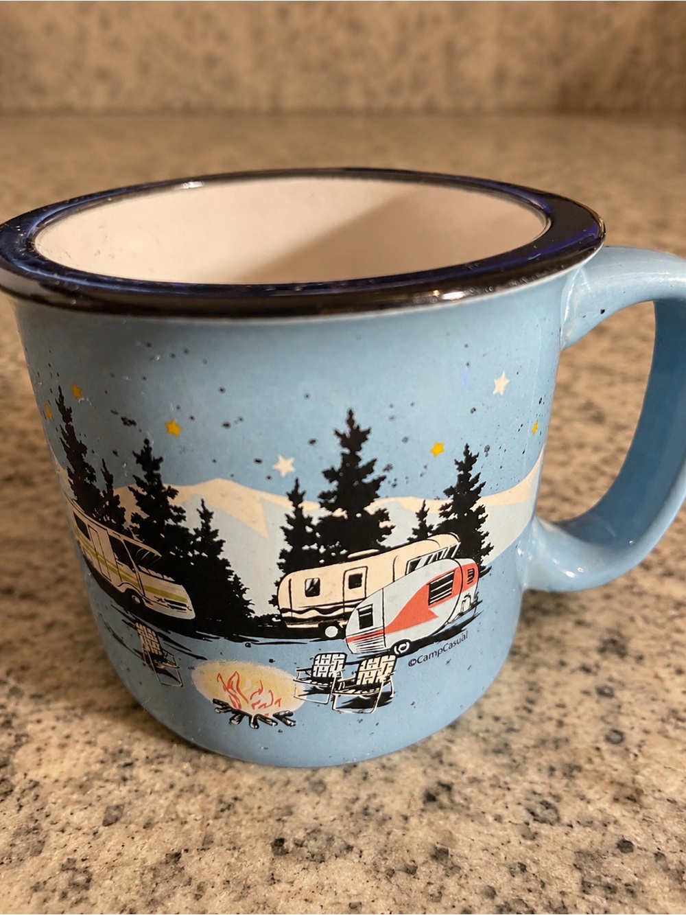 Camp Casual Camper Mug – Light Blue Retro Camping Scene